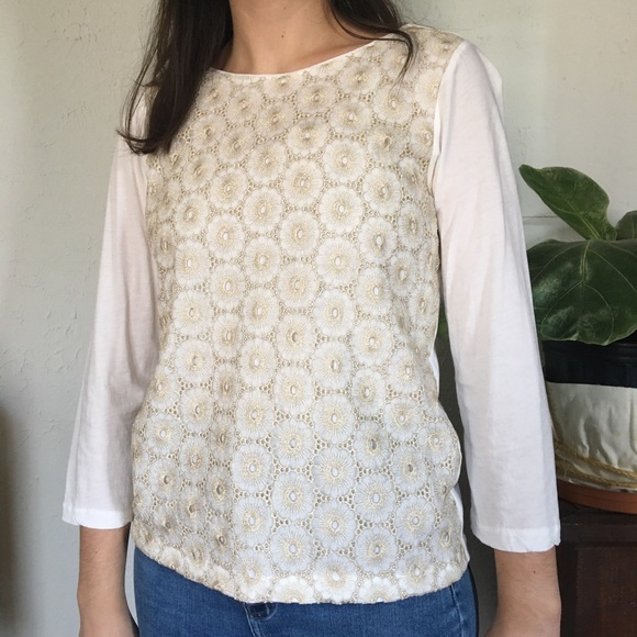 JCrew M gold lace covered shirt, mid length sleeve - Picture 2 of 6